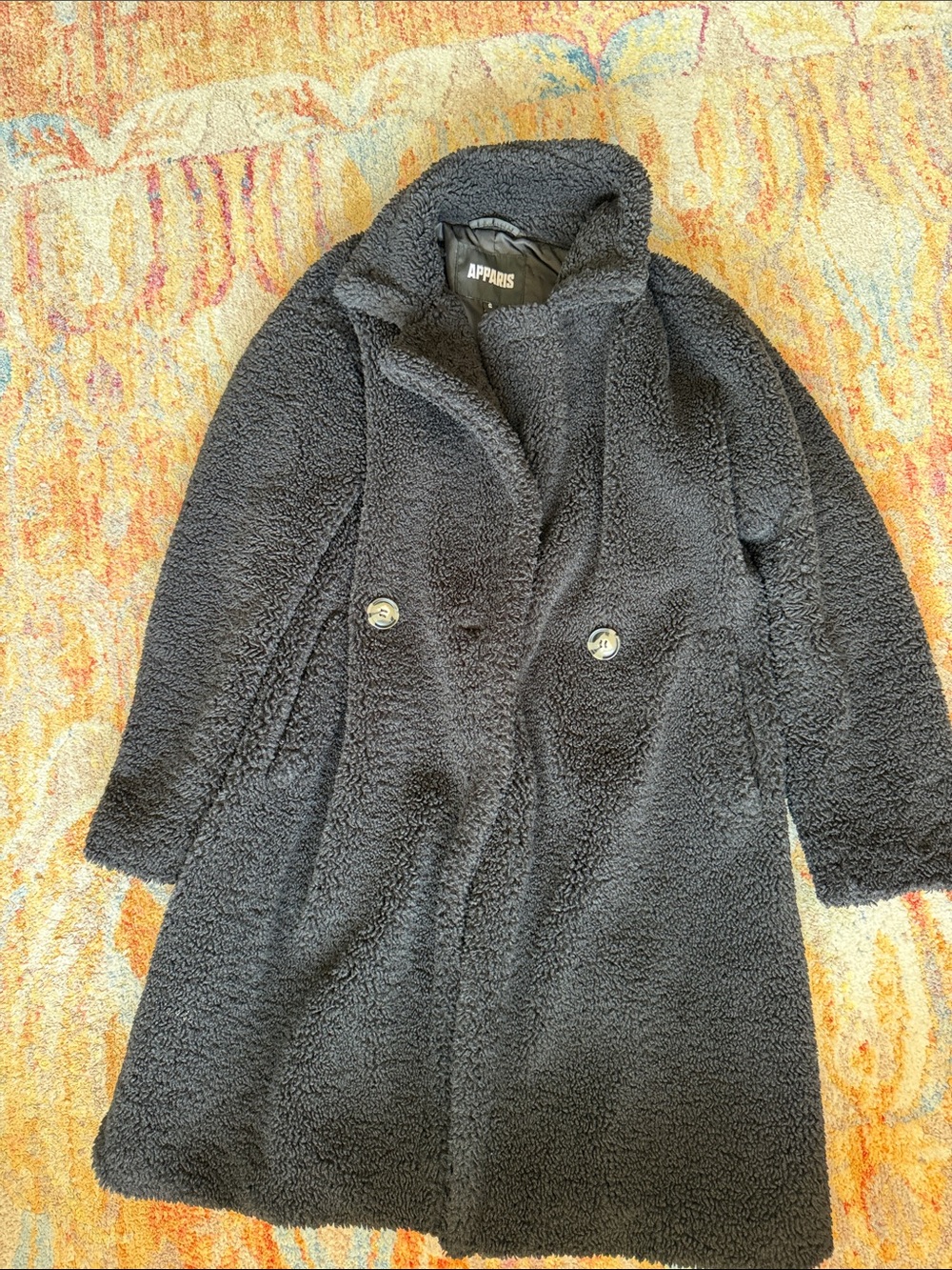 Apparis Black Teddy Coat with Double-Breasted Buttons
